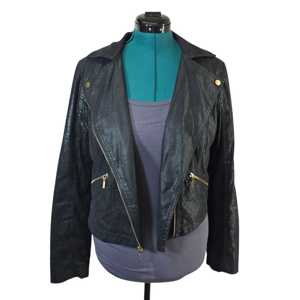 Rock & Republic Black Faux Leather Shiny Motorcycle Jacket Men's Large - Picture 5 of 10